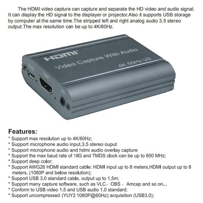 Professionelle 4K 60Hz HDMI zu USB3.0 Video-Aufnahme-Karte mit Audio-Ausgang und USB 3.0