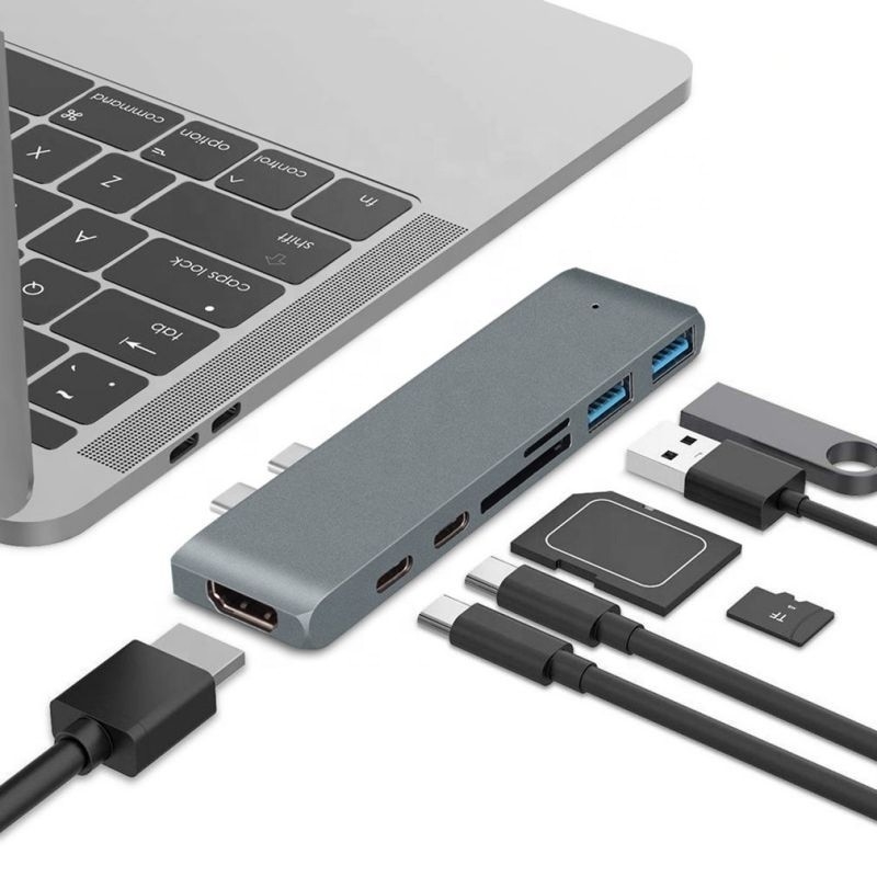 7-in-2-Hub-Dockingstation mit doppeltem Typ-C-Männleinput und USB 3.1-Schnittstelle