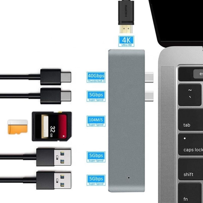7-in-2-Hub-Dockingstation mit doppeltem Typ-C-Männleinput und USB 3.1-Schnittstelle