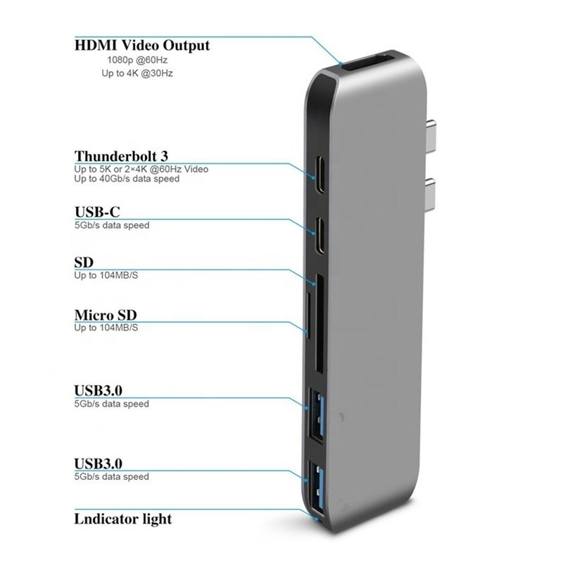 Multiport Docking Station 6-in-1 Typ-C Hub Adapter mit SD/TF 2*USB3.0 2*USB-C Ausgang