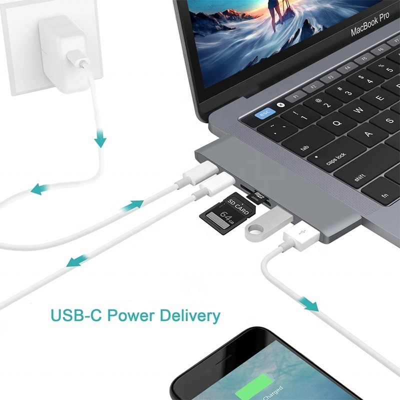 Multiport Docking Station 6-in-1 Typ-C Hub Adapter mit SD/TF 2*USB3.0 2*USB-C Ausgang