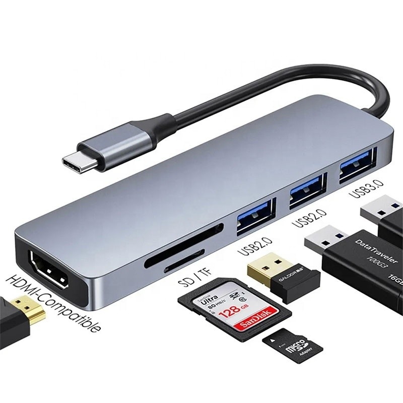 6-in-1-Multiport-Dockingstation für Laptops mit 4K HD HDMI HDTV USB 3.0 SD TF-Kartenleser