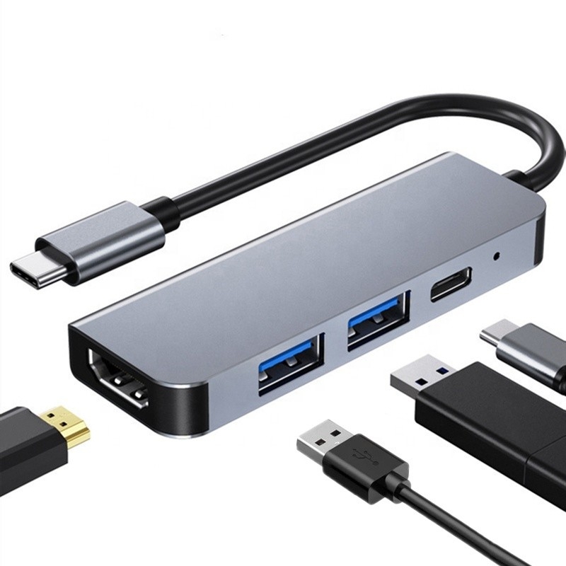4K HDMI-kompatibel Typ-C-zu-USB-C-Hub-Adapter mit 2 USB3.0- und PD-Ladestationen