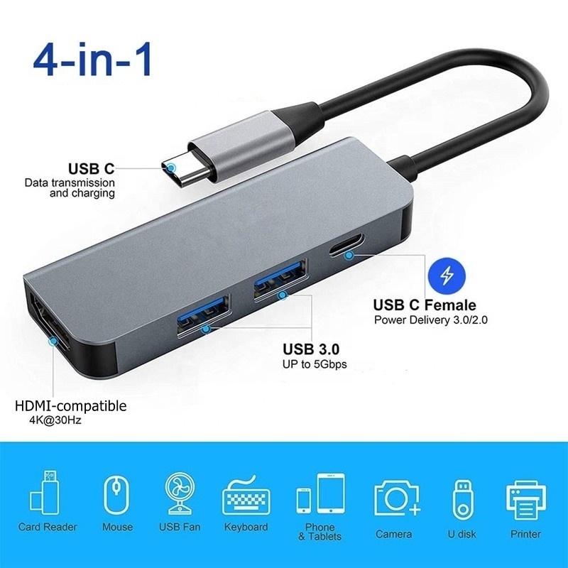 4K HDMI-kompatibel Typ-C-zu-USB-C-Hub-Adapter mit 2 USB3.0- und PD-Ladestationen