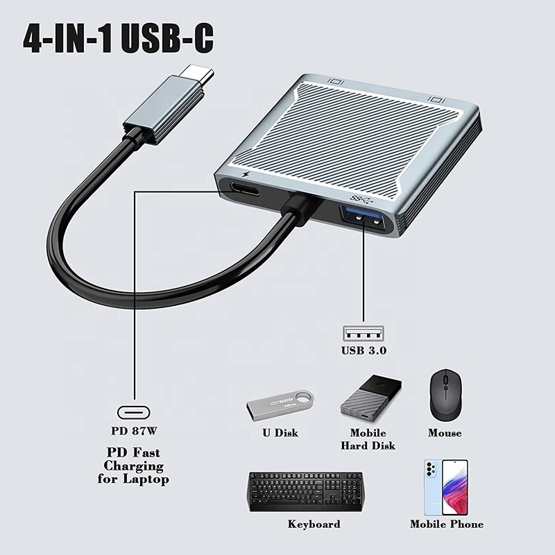 USB C Typ C Schnittstellenanschluss Dual HDMI Adapter 4K 4 In 1 USB 3.0 Hub für Laptop
