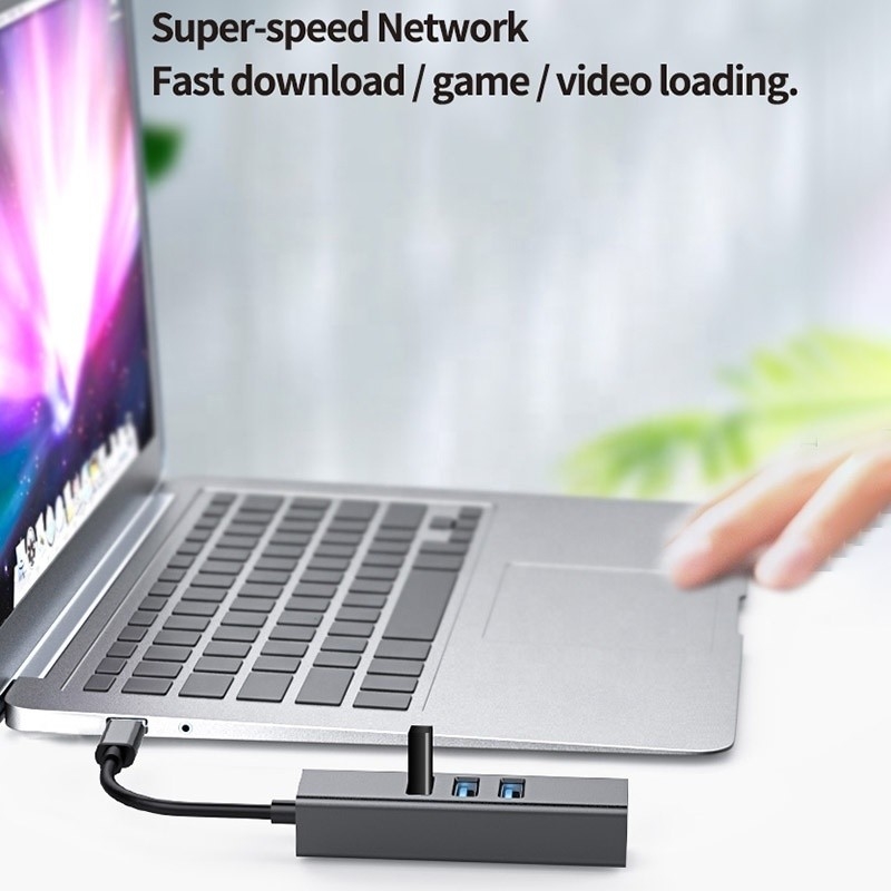 USB 3.1 Typ C bis 9 Ports USB3.0 Hub mit Gigabit Ethernet RJ45 Lan Port Adapter Grau