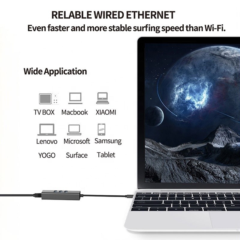 USB 3.1 Typ C bis 9 Ports USB3.0 Hub mit Gigabit Ethernet RJ45 Lan Port Adapter Grau