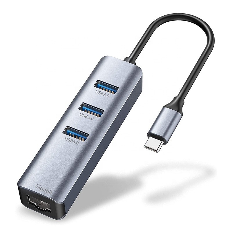 USB 3.1 Schnittstelle Typ C bis 9 Ports USB A 3.0 Adapter mit RJ45 Gigabit Ethernet Netzwerkkarte Grau