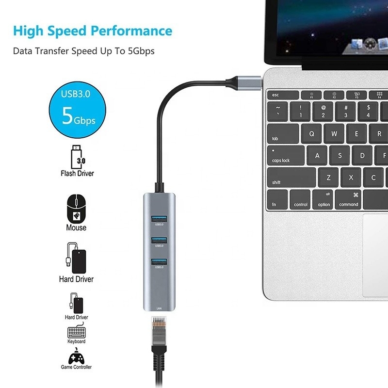 USB 3.1 Schnittstelle Typ C bis 9 Ports USB A 3.0 Adapter mit RJ45 Gigabit Ethernet Netzwerkkarte Grau