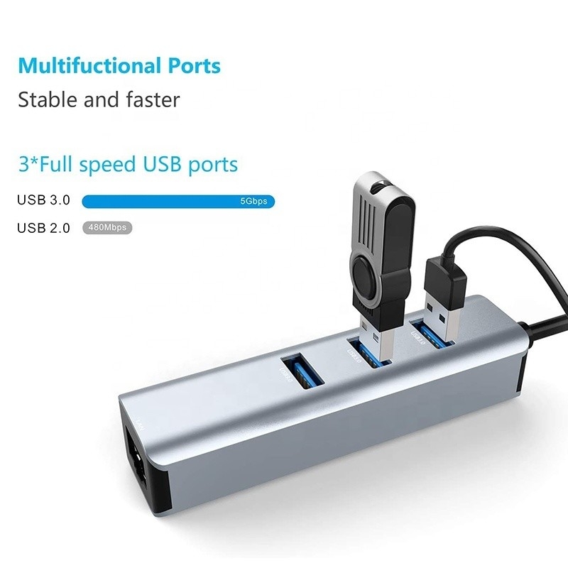 USB 3.1 Schnittstelle Typ C bis 9 Ports USB A 3.0 Adapter mit RJ45 Gigabit Ethernet Netzwerkkarte Grau