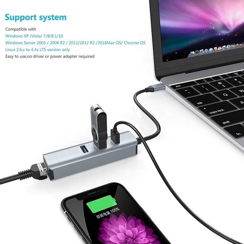 USB 3.1 Schnittstelle Typ C bis 9 Ports USB A 3.0 Adapter mit RJ45 Gigabit Ethernet Netzwerkkarte Grau