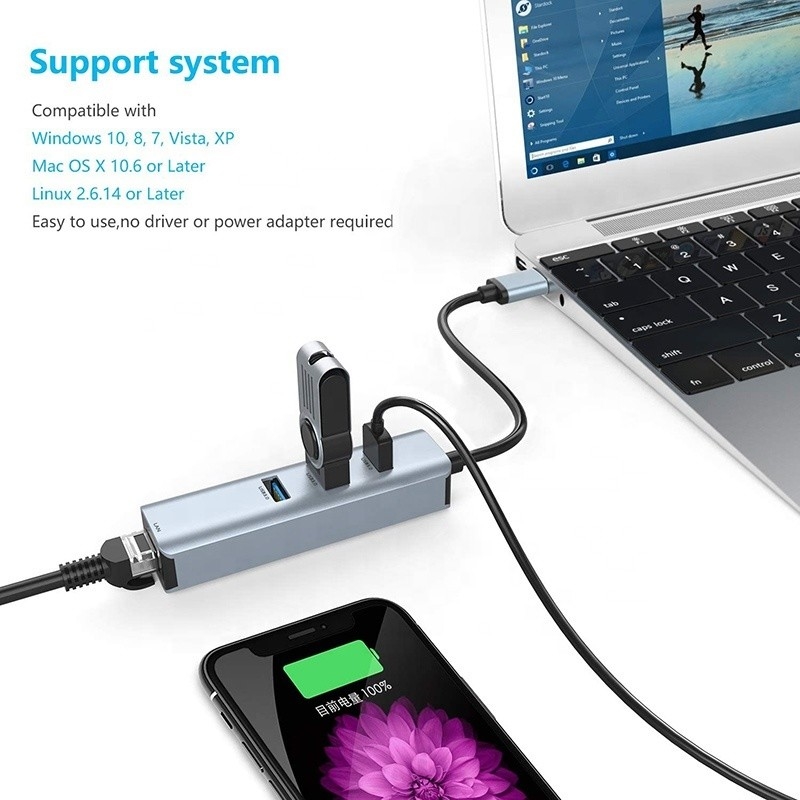 USB 3.0 bis 6 Ports USB Hub und 1000 Mbps Ethernet-Adapter für die Kompatibilität zwischen Mann und Frau