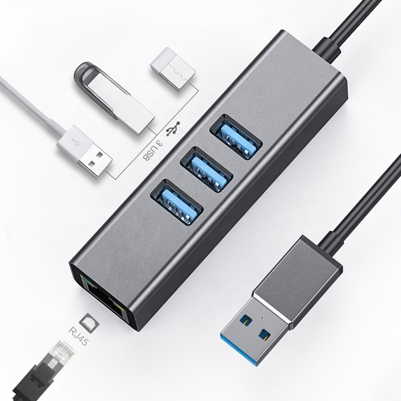 Grauer USB3.0 Hub und RJ45 Lan Adapter mit 3 USB-Anschlüssen Gigabit Ethernet Netzwerkkarte