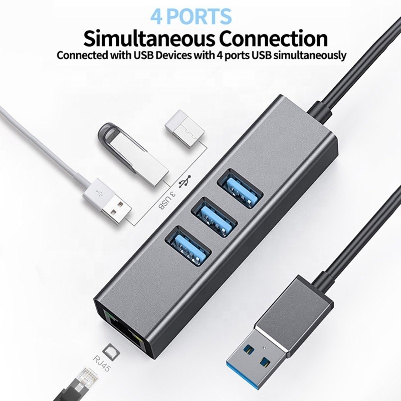 Grauer USB3.0 Hub und RJ45 Lan Adapter mit 3 USB-Anschlüssen Gigabit Ethernet Netzwerkkarte