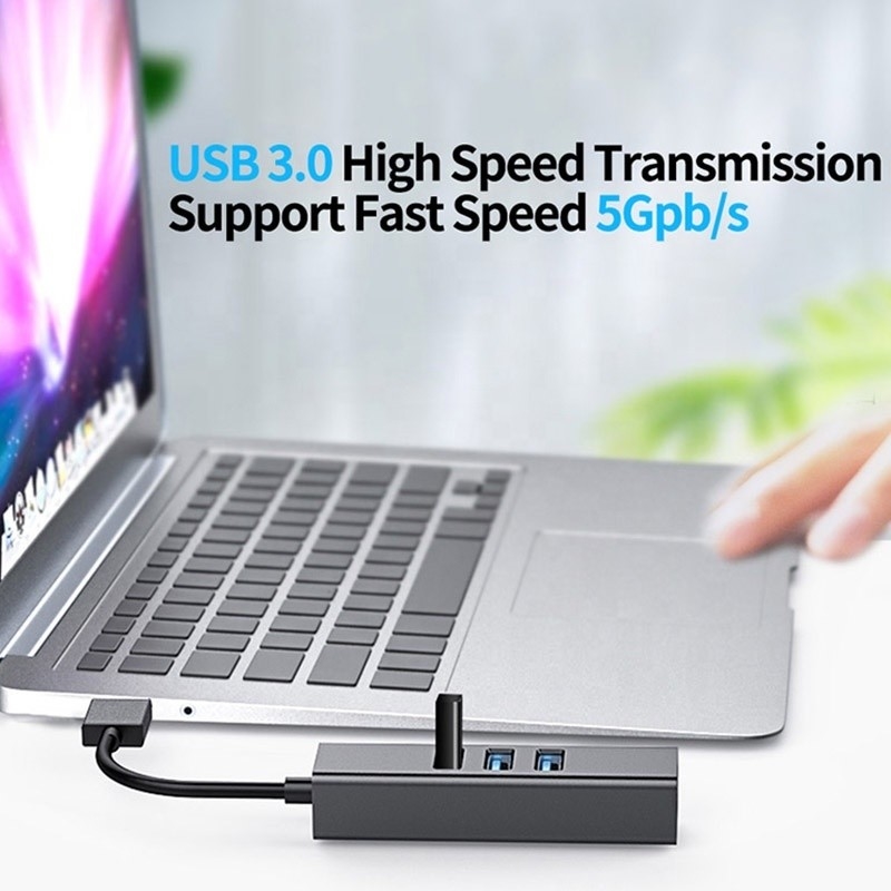 Grauer USB3.0 Hub und RJ45 Lan Adapter mit 3 USB-Anschlüssen Gigabit Ethernet Netzwerkkarte