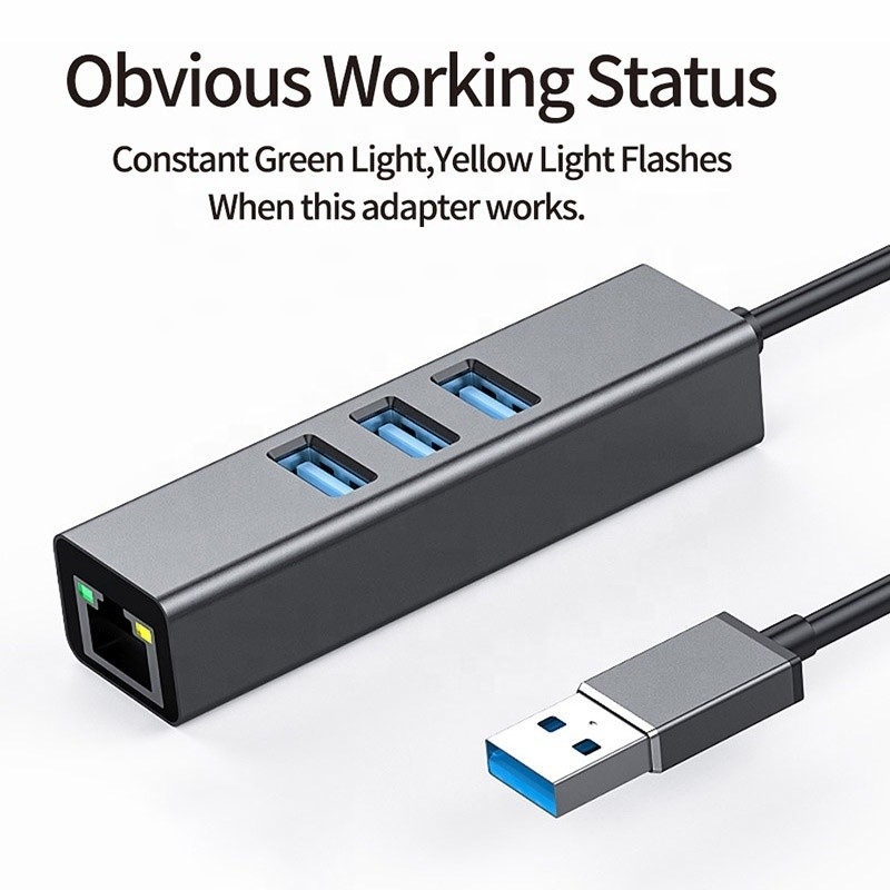 Grauer USB3.0 Hub und RJ45 Lan Adapter mit 3 USB-Anschlüssen Gigabit Ethernet Netzwerkkarte