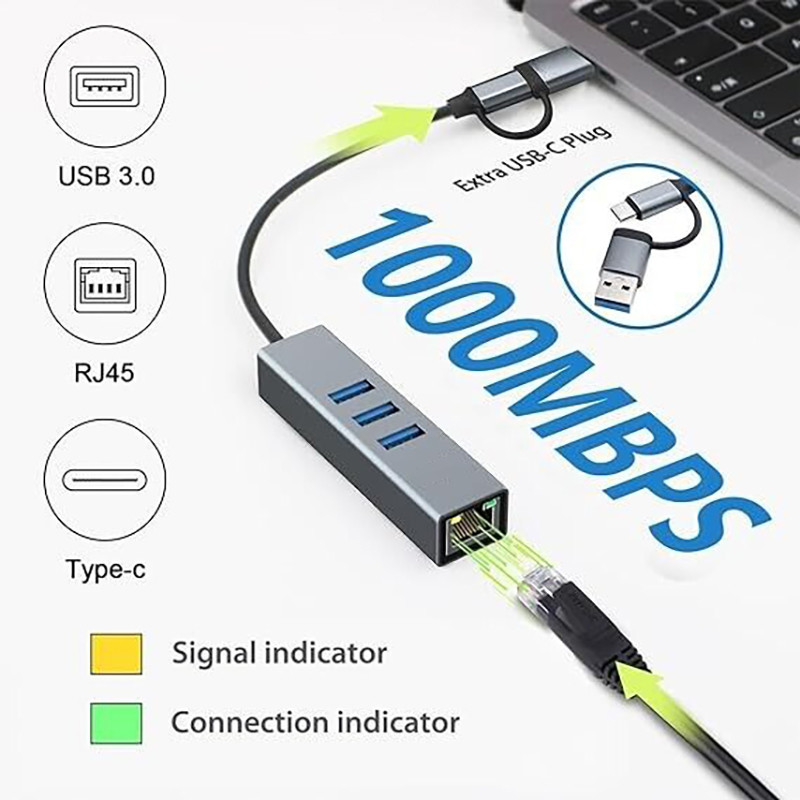 USB-Typ-C zu Ethernet-Adapter mit 14 USB-Ports 1000 Mbit/s Gigabit RJ45 LAN Hub