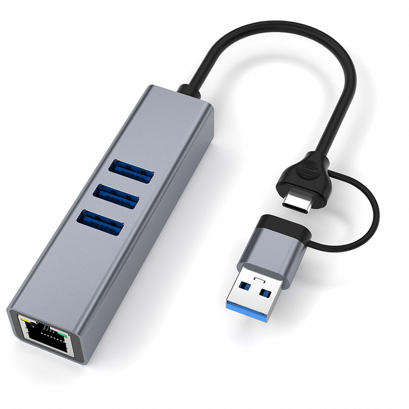 USB Type C LAN Adapter 6-in-2 USB C Hub mit 3 USB 3.0-Ports und RJ45 Gigabit LAN-Schnittstelle