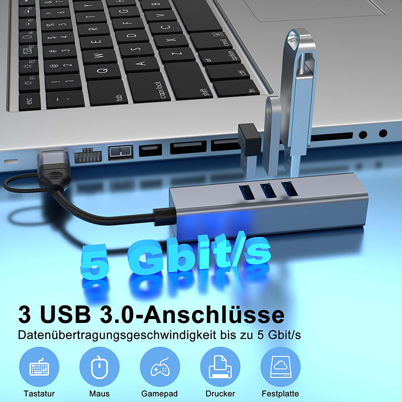 USB Type C LAN Adapter 6-in-2 USB C Hub mit 3 USB 3.0-Ports und RJ45 Gigabit LAN-Schnittstelle