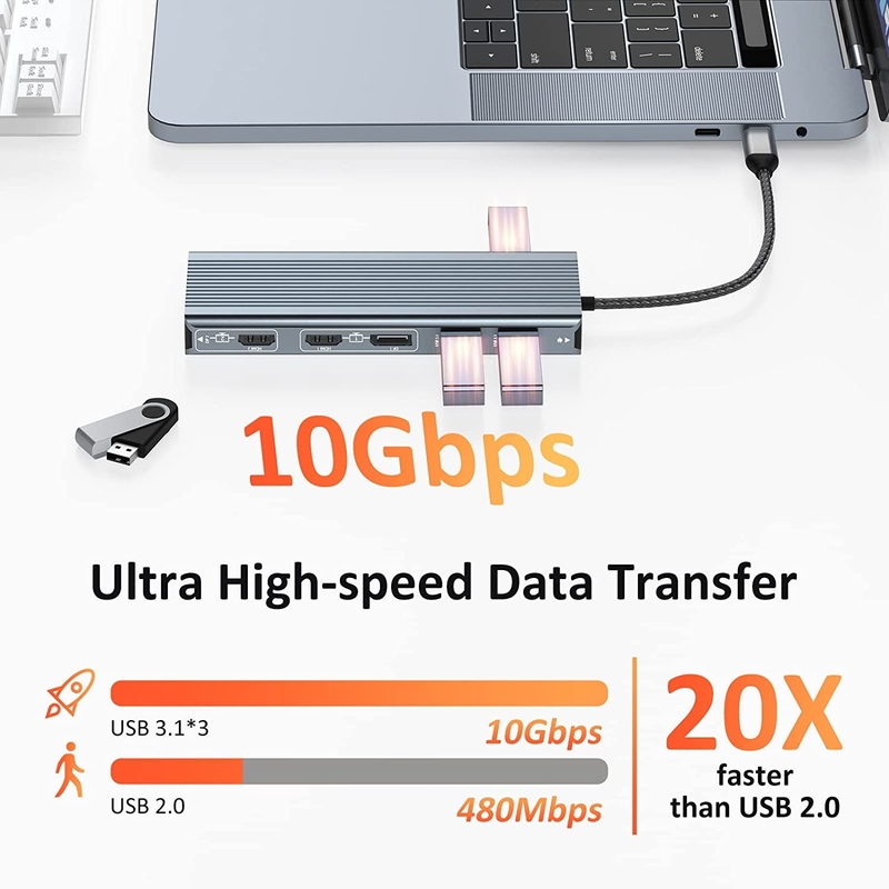 USB 3.1 Schnittstelle Typ C bis 9 Ports USB A 3.0 Adapter mit RJ45 Gigabit Ethernet Netzwerkkarte Grau