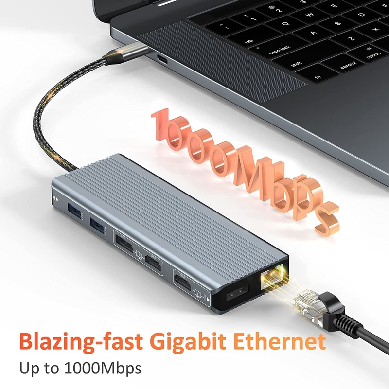 USB 3.1 Schnittstelle Typ C bis 9 Ports USB A 3.0 Adapter mit RJ45 Gigabit Ethernet Netzwerkkarte Grau