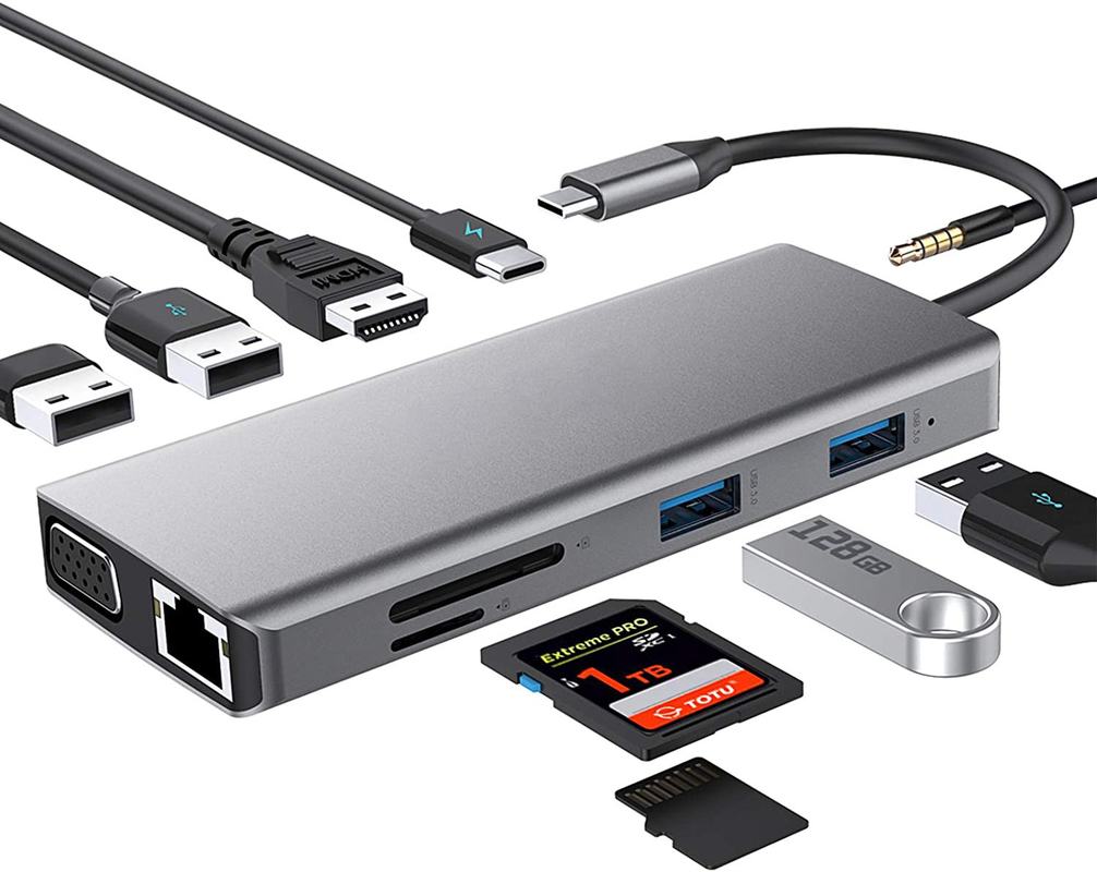USB C Hub Typ-C auf USB 3.0 HDMI VGA RJ45 Lan SD TF Audio USB Grau Multiport Adapter