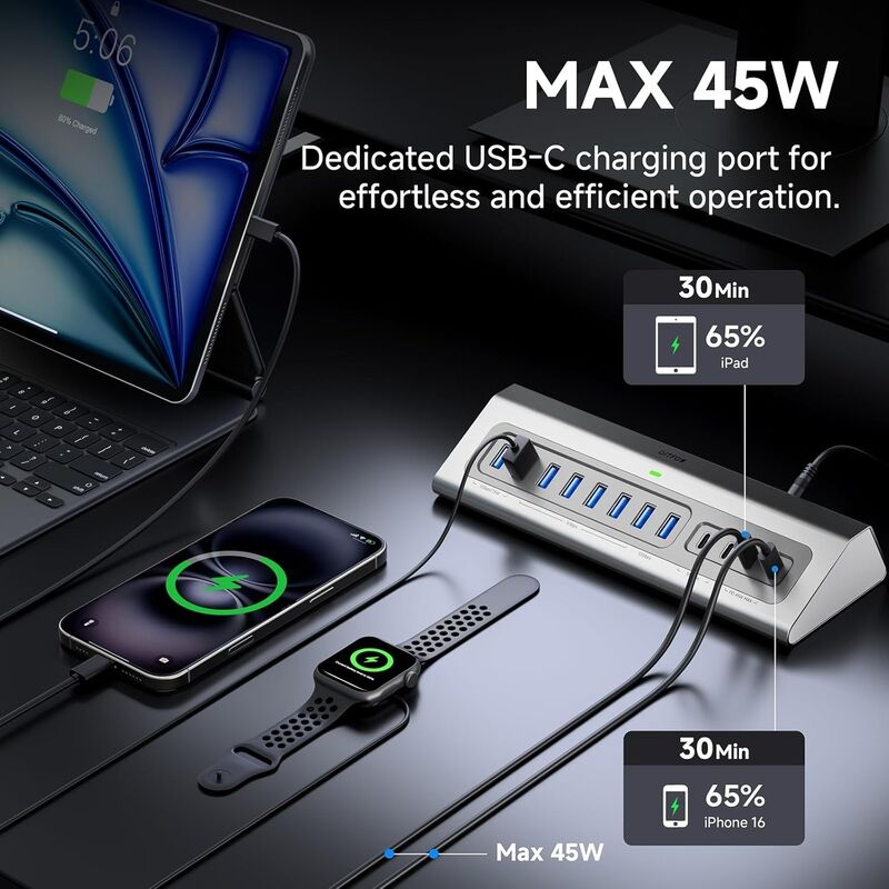 13-in-1 USB C Hub with 10Gbps Ultra-Fast Data Transfer and 65W Dedicated DC Power